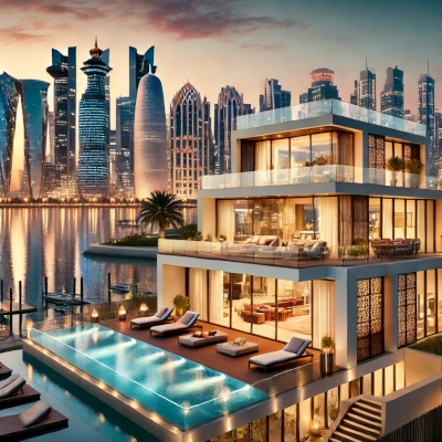 A modern luxury villa in The Pearl-Qatar, showcasing contemporary architecture with large glass windows, a private pool, and stunning waterfront views 400x400px